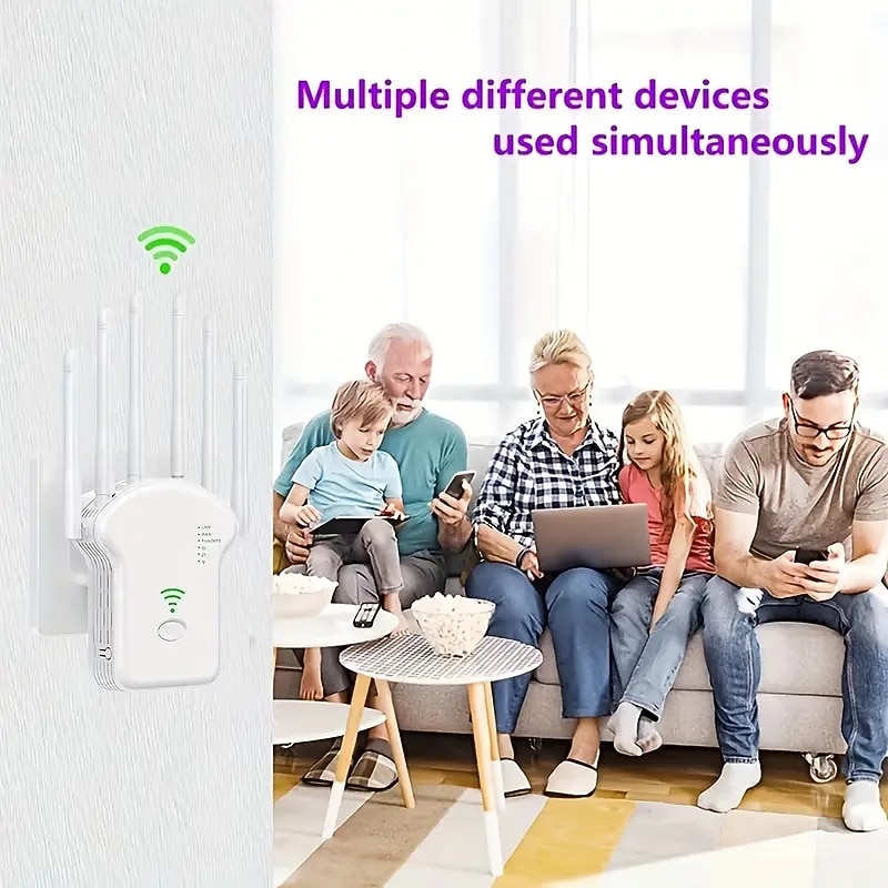 WiFi Extender WiFi Booster 6Times Stronger 300Mbps WiFi 2.485GHz Dual Band Strong WiFi SignalPenetration 35 Devices 4 Modes 1-Tap Settings 6 Antennas 360 FullCoverage  Support Ethernet Port3