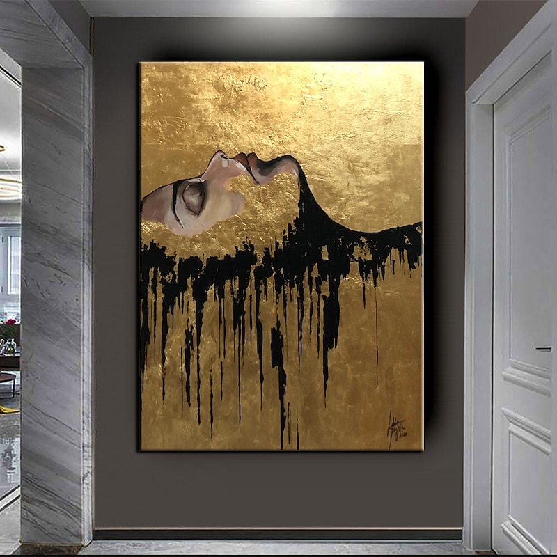Large Hand Painted black and gold painting Acrylic foil painting on canvas Wall Art  abstract art abstract painting gold firgure painting black painting Home Decoration Decor ready to hang or canvas