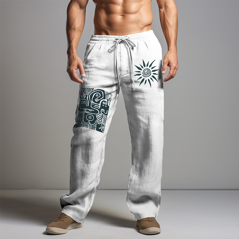 Men's Graphic Sun Tribal Pants Trousers Mid Waist Vintage Vacation Daily Wear Going out Spring Fall Black White Khaki2