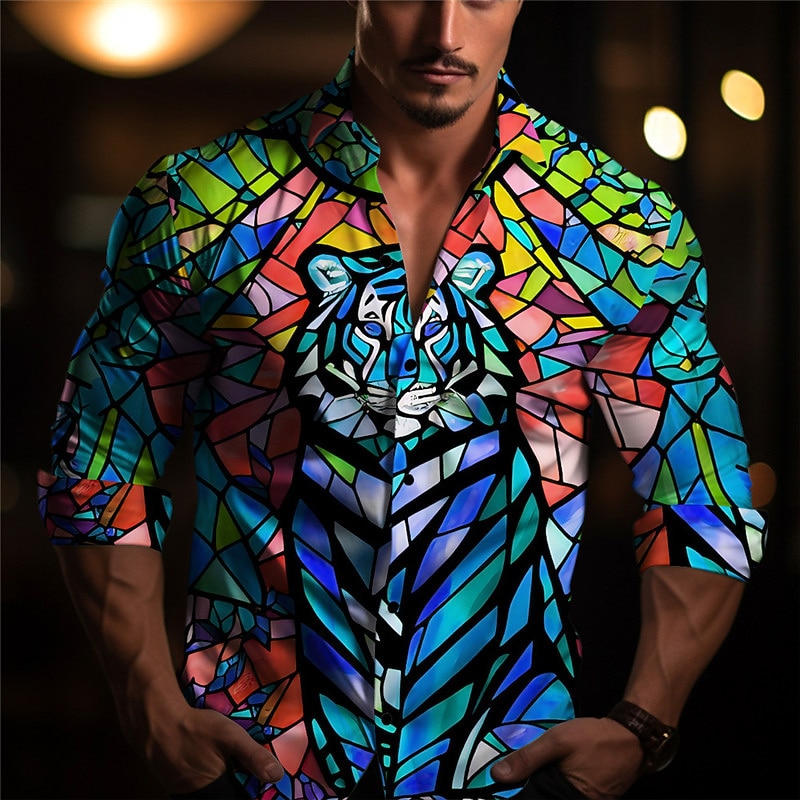 Men's Colorful Color Block Tiger Shirt Long Sleeve Artistic Abstract Daily Wear Going out Fall & Winter Turndown Print Button-Down Yellow Blue2