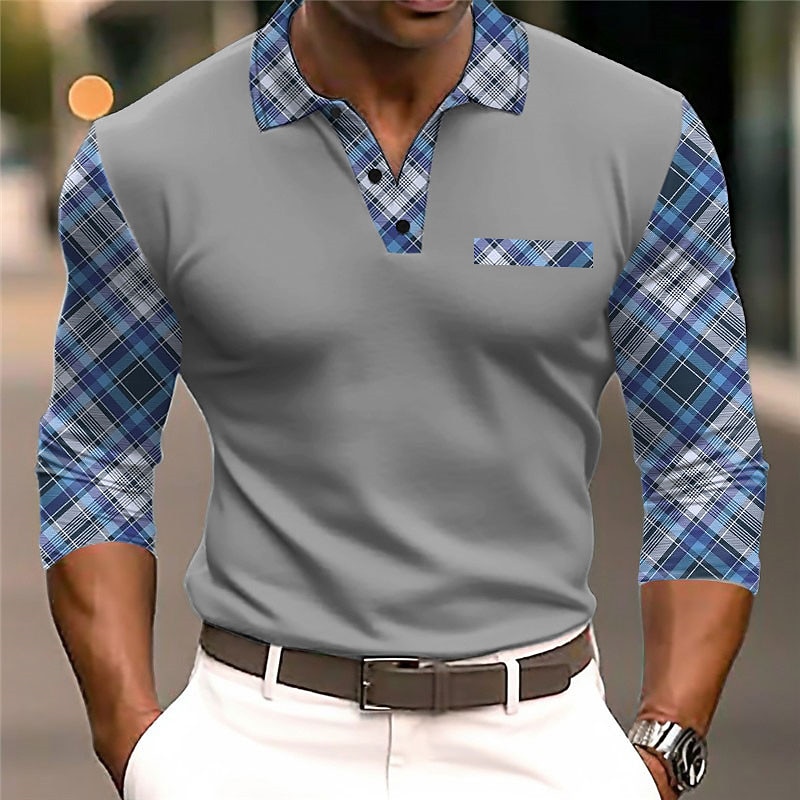 Kentucky Derby Men's Plaid / Check Cable Knit Polo Golf Polos Shirts Long Sleeve Polo Shirts Turndown Business Outdoor Casual Daily Streetwear 3D Print Fall & Winter Black White Dark Navy4