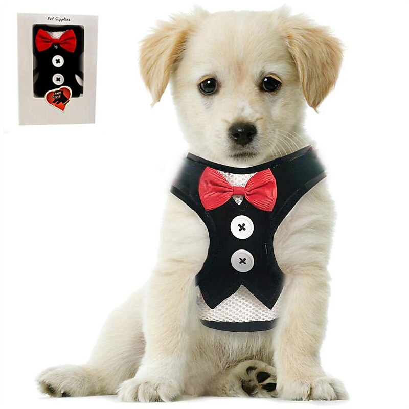 Lover Small Puppy Harness with Bowtie Adjustable Dog Vest Mesh Tuxedo Harness for Small Dog Kitten Perfect for Party Wedding Holiday