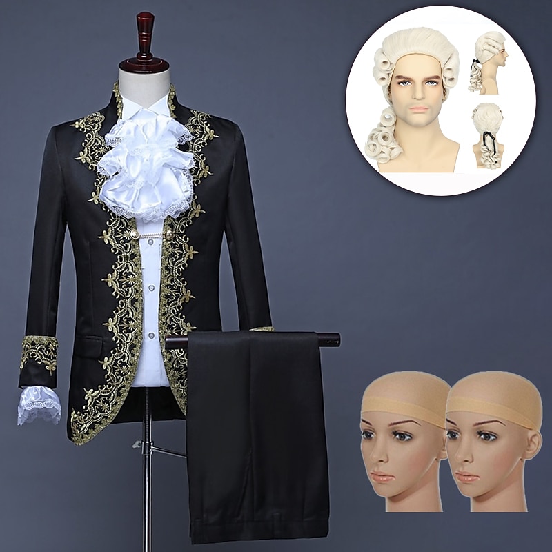 Set with Coat Pants Collar Sleeves Colonial Wig 2*Wig Caps Retro Vintage Rococo Medieval Ball Gown Outfits Masquerade Prince Aristocrat Men's Lace Flounced Slim Fit Cosplay Costume Performance Party