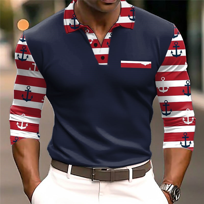 Kentucky Derby Men's Striped Cable Knit Polo Long Sleeve Polo Shirts Turndown Casual Outdoor Casual Daily Streetwear 3D Print Fall & Winter Black White Navy Blue