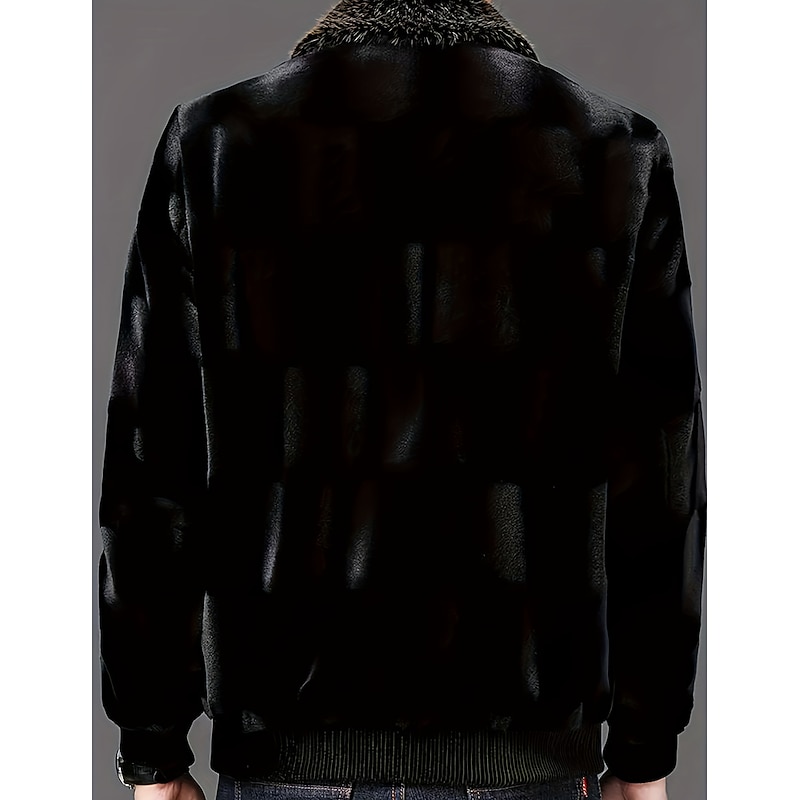 Men's Winter Jacket Faux Fur Outdoor Vacation Warm Fall Winter Plain Fashion Streetwear Lapel Regular Black Jacket2
