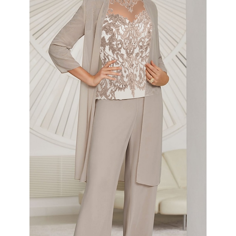 Pantsuit 3 Piece Mother of the Bride  Wedding Guest Elegant Illusion Neck Floor Length Chiffon Lace Long Sleeve with Ruching Solid Color2