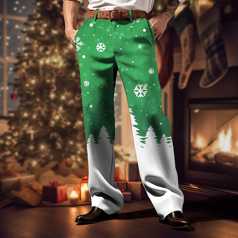 Christmas Men's Christmas Scene Printed Pants Snowflake Business Casual 3D Print Trousers Outdoor Street Wear to work Ugly  Polyester Wine Yellow Blue S M L High Elasticity Pants3
