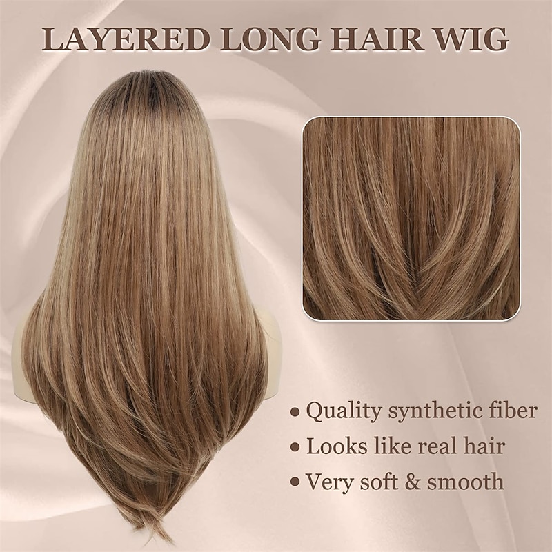 Long Blonde Wigs for White Women Layered Straight Strawberry Blonde Wigs with Dark Roots 25 Inches Synthetic Hair Daily Cosplay Halloween Wig4