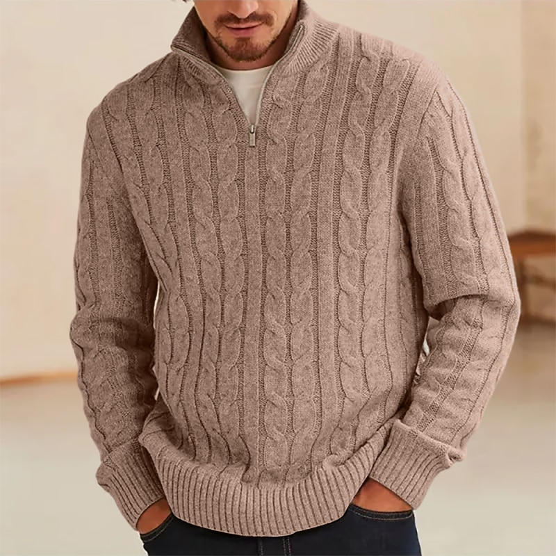 Men's Sweater Pullover Sweater Jumper Knit Sweater Ribbed Cable Knit Regular Knitted Plain Quarter Zip Vintage Keep Warm Daily Wear Going out Clothing Apparel Fall Winter Black Blue S M L4