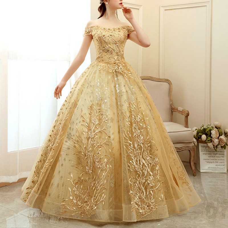 A-Line Gold Dresses Cocktail Dresses Elegant Dress Formal Wedding Guest Tea Length Sleeveless Off Shoulder Satin with Pleats Appliques  dress to impress4