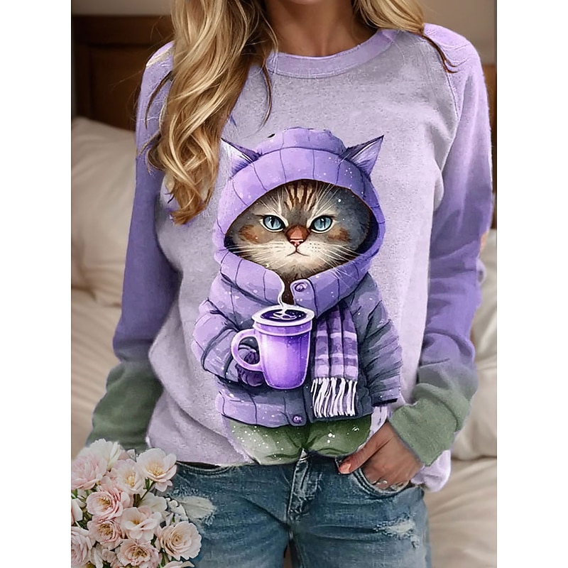 Women's Sweatshirt Pullover Cat Casual Sports Active Sportswear Round Neck Long Sleeve Top Micro-elastic Fall & Winter Comfrt Breathable Soft Fabric2