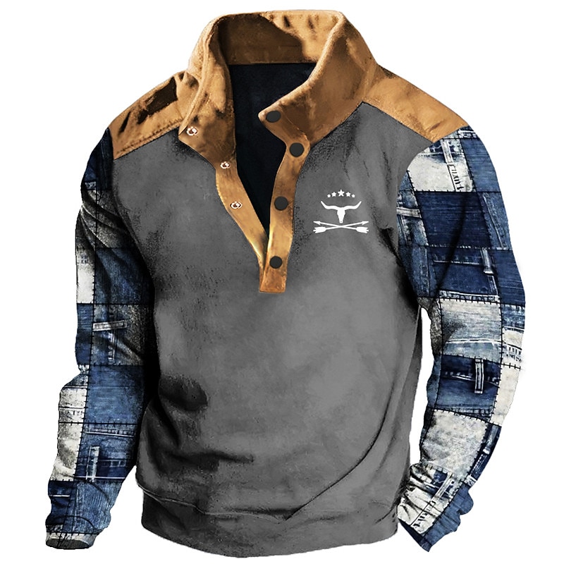 Men's Graphic Color Block Cowboy Sweatshirts Sweatshirt Long Sleeve Sweatshirt Stand Collar Daily Casual Vintage Retro 3D Print Vacation Sports Outdoor Holiday Print Spring &  Fall4