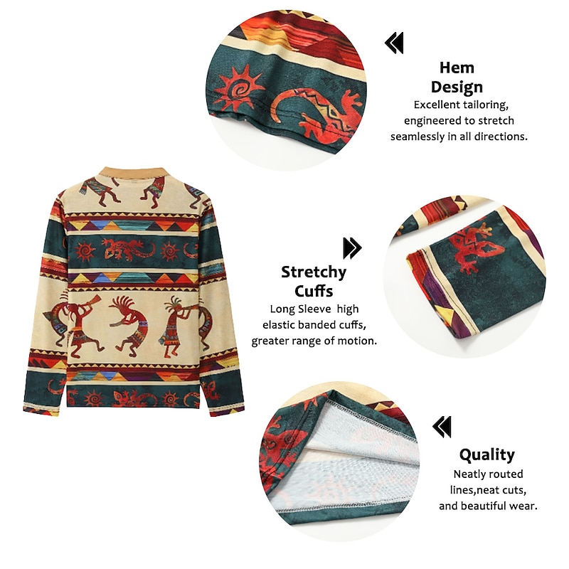 Men's Tribal Graphic Prints Henley Shirt Graphic Tee Vintage Shirt Long Sleeve 3D Printing Basic Ethnic Casual Outdoor Vacation Daily Spring & Summer Blue Khaki Gray Henley Henley T-Shirt3