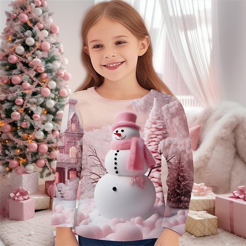 Girls' 3D Snowman Tee Shirt Pink Long Sleeve 3D Print Fall Winter Active Fashion Cute Polyester Kids 3-12 Years Crew Neck Outdoor Casual Daily Regular Fit4