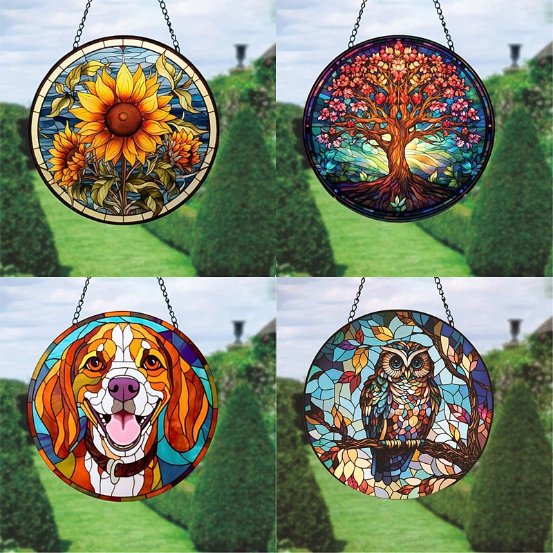 Sunflower Stained Suncatcher Window Hanging, Dog Cat Home Window Decor Suncatcher Birthday Gifts For Women,Mom,Teacher Wreath Sign, Christmas Xmas Decor Gift