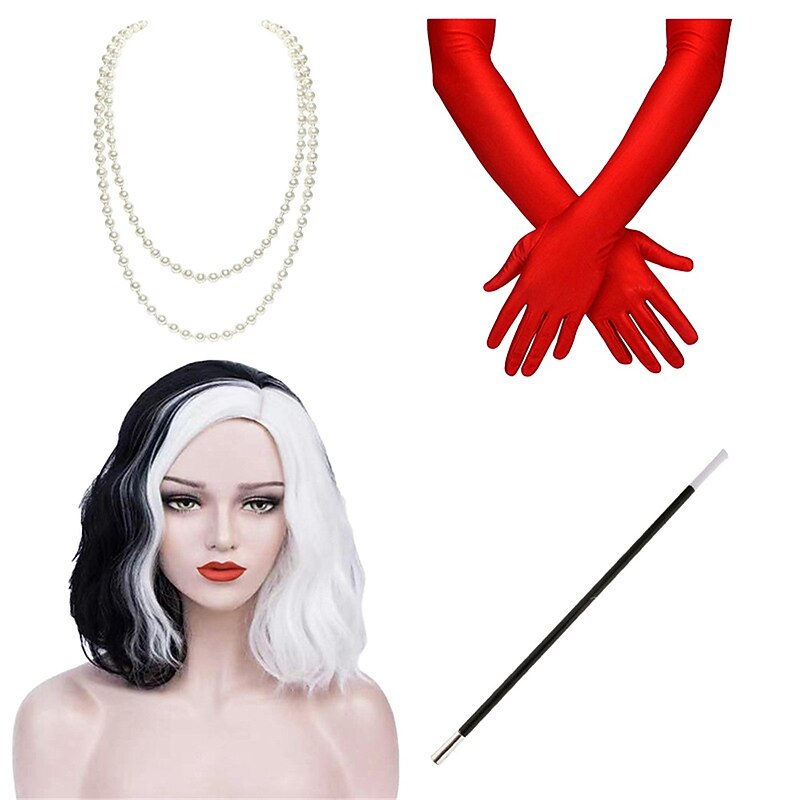 Cruella Deville Wig Black and White Wigs for Cruella Deville Costume Women Cruella Wig with Gloves Short Curly Wavy Hair Wig Halloween Wigs3