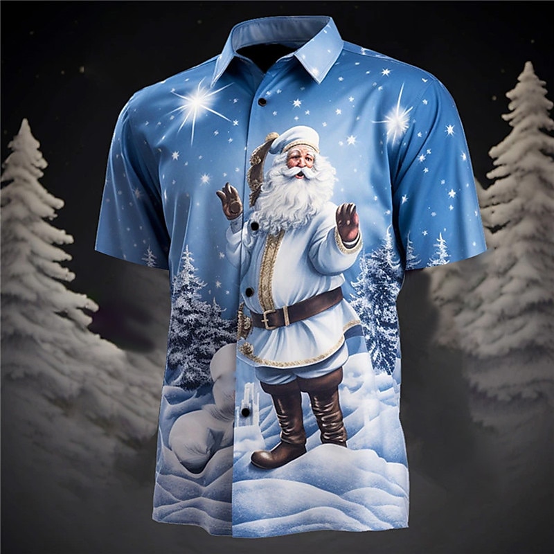 Christmas Men's Santa Claus Printed Shirts Santa Claus Casual Daily Wear Going out Weekend Autumn / Fall Turndown Short Sleeves Burgundy, Blue, Purple S, M, L 4-Way Stretch Fabric Christmas