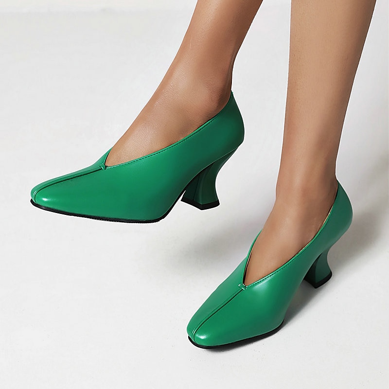 Women's Green Faux Leather Block Heel Pumps – Retro Minimalist Style for Work, Parties, and Everyday Wear2