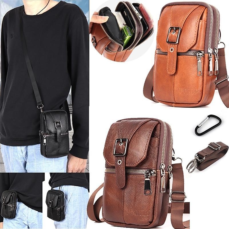 Men's Multi Functional Genuine Leather Shoulder Bag Cell Phone Crossbody Purse Phone Holster Case Leather Belt Waist Pouch Small Messenger Bag