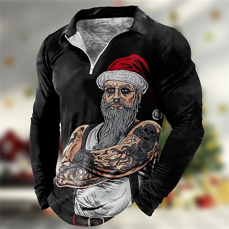 Christmas Men's Santa Claus 3D Zipper Polo Santa Claus Abstract Print 3D Zip Golf Outdoor Casual Daily Streetwear Polyester Long Sleeve Turndown Zip Shirts Black Wine Fall & Winter S M L3