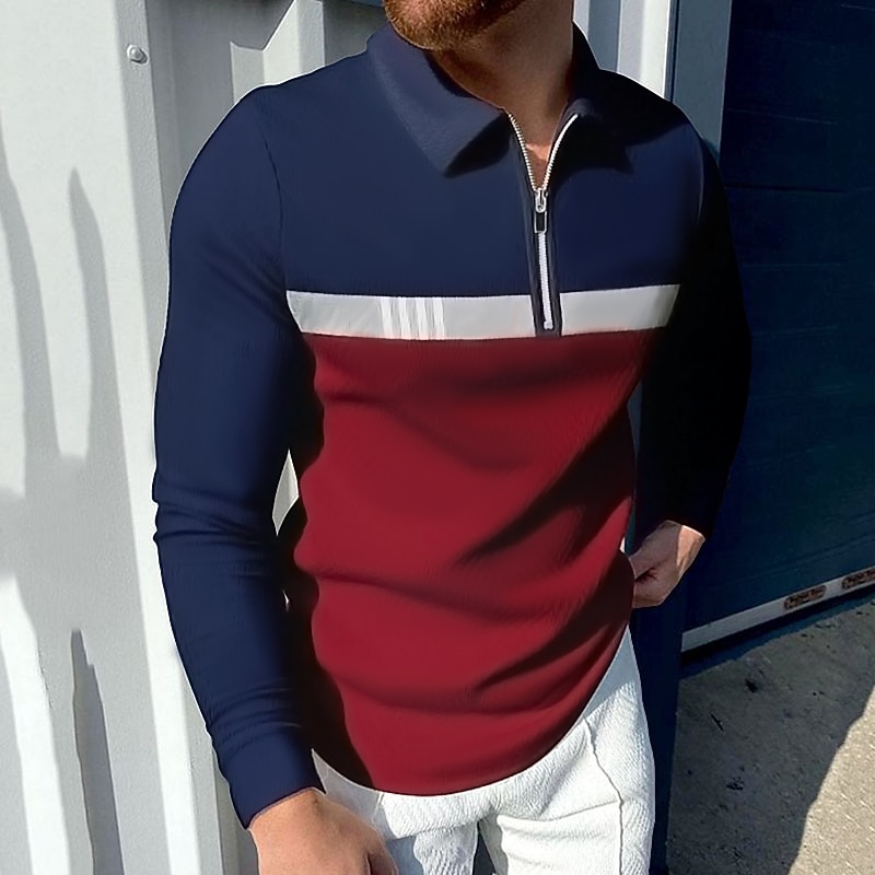 Men's Zip Polo Golf Shirt Business Daily Wear Quarter Zip Long Sleeve Fashion Classic Style Color Block Zipper Spring Fall Red Navy Blue Dark Green Dark Grey Zip Polo