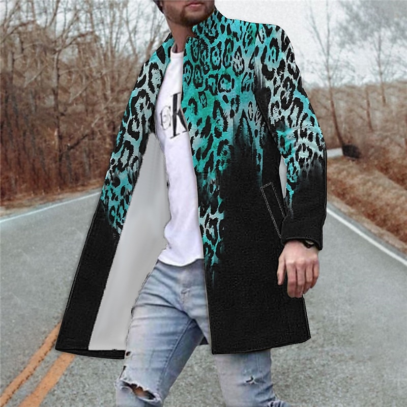 Men's Leopard Graphic Prints Winter Coat Overcoat Coat Warm Comfortable Breathable Fashion Streetwear Business Work Wear to work Going out Pocket Print Fall & Winter Turndown Long Sleeve Yellow Blue3