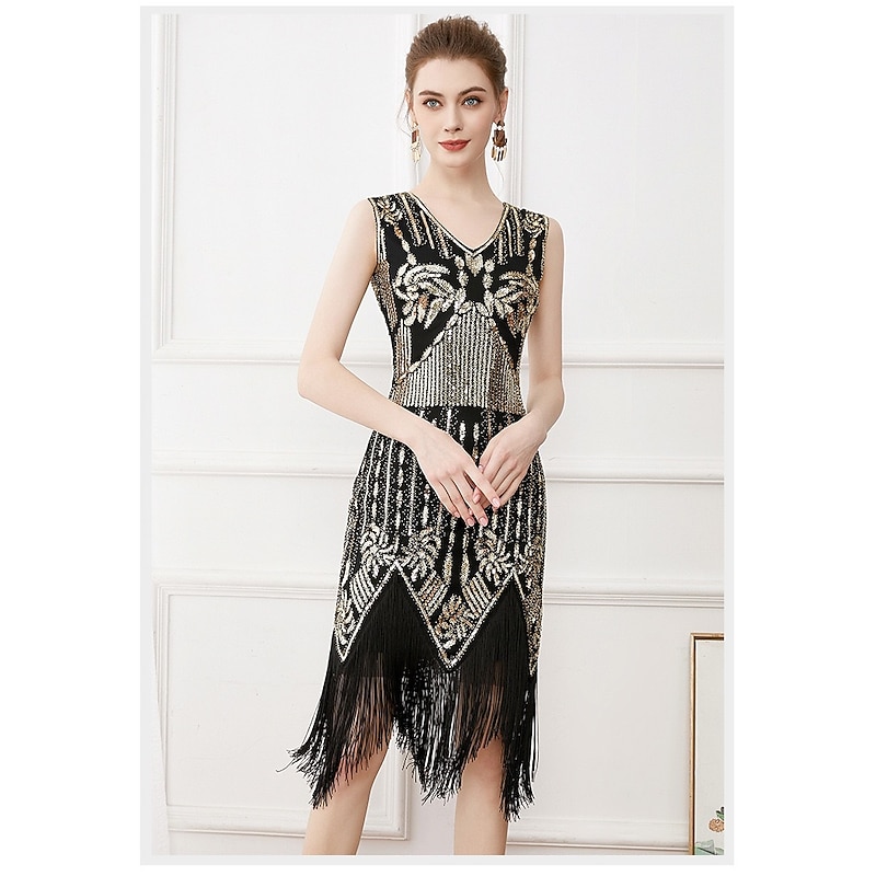 Women's 1920s Flapper Dress Great Gatsby Dress V Neck Sequin Beaded Long Fringe Roaring 20s Party Cocktail Dress Party Evening