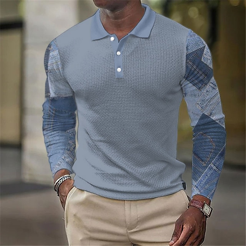 Men's Plaid Golf Shirt Long Sleeve Polo Shirts Collared Shirts Vintage Casual Vacation Wear Formal Wear Festival Wear Buttons 3D Print Fall & Winter Black Dark Navy Blue4