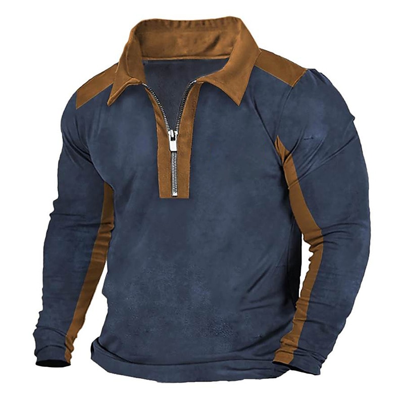 Men's Polo Shirt Quarter Zip Polo Work Daily Wear Lapel Long Sleeve Fashion Comfortable Color Block Pocket Zip Up Spring &  Fall Regular Fit Black Brown Army Green Dark Blue Polo Shirt