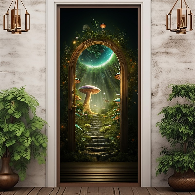 Fantasy Mushroom World Door Covers Door Tapesty Door Curtain Decoration Backdrop Door Banner for Front Door Farmhouse Holiday Party Decor Supplies