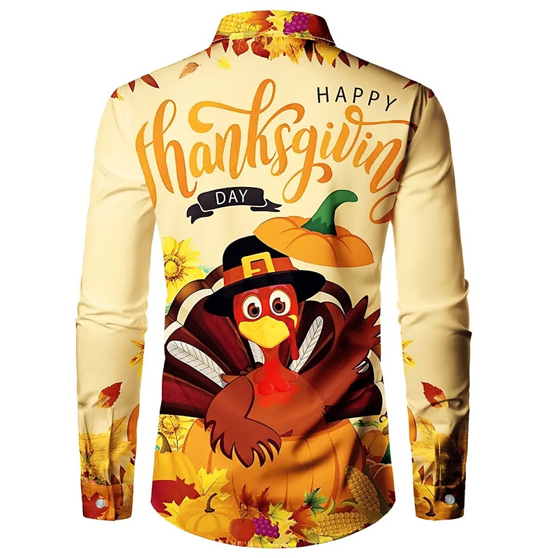 Thanksgiving Day Men's Letter Turkey Shirt Button Up Shirt Long Sleeve Casual Daily Wear Going out Fall & Winter Turndown Print Button-Down Khaki4