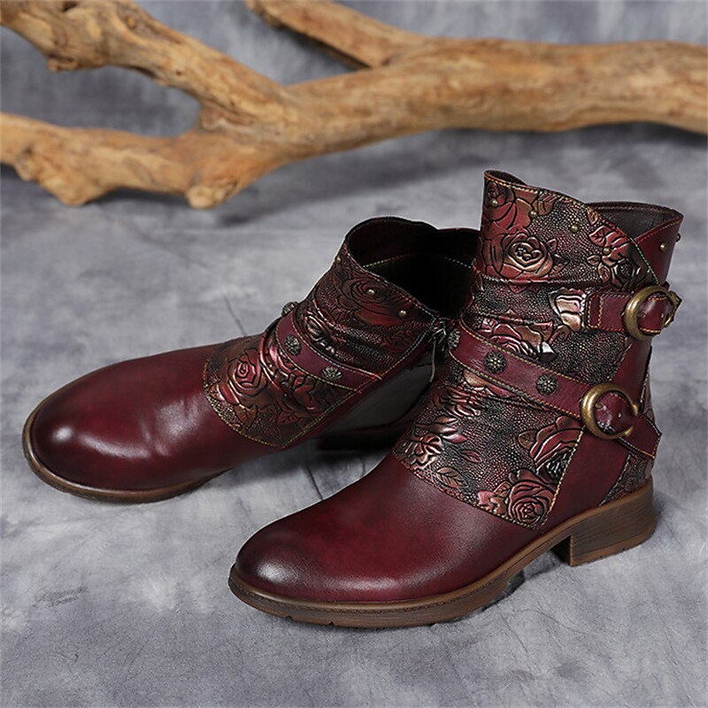 Women's Vintage Floral Embossed Leather Ankle Boots – Stylish Burgundy Buckle Strap Design for Fall & Winter Casual Wear3