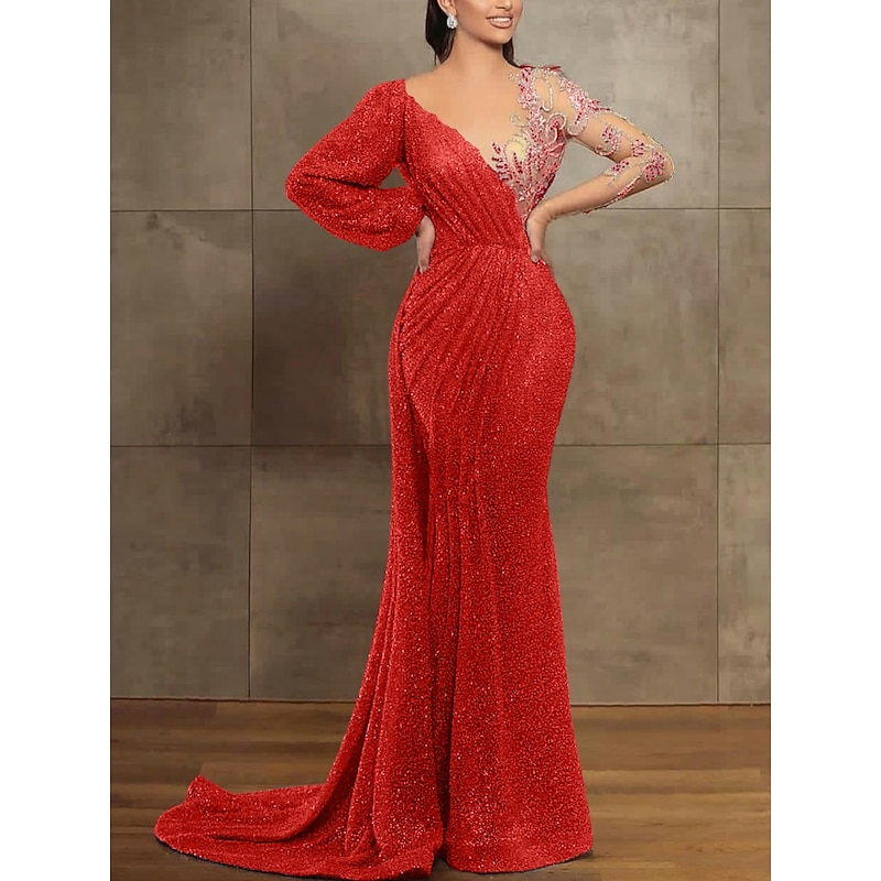 Mermaid Sequin Evening Gown Elegant Dress Formal Court Train Long Sleeve Illusion Neck with Pleats Masquerade Dress4