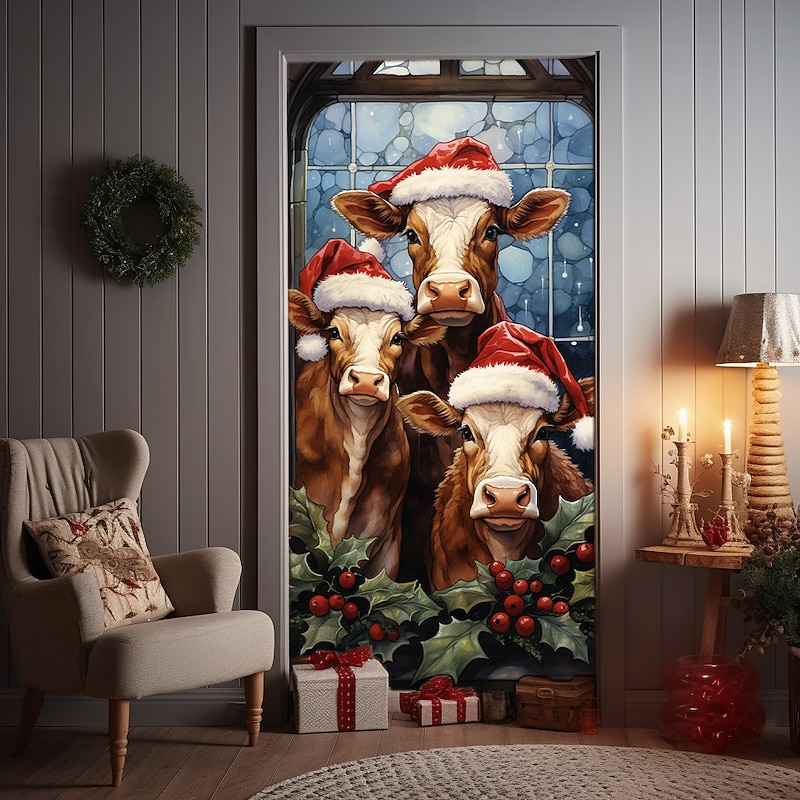 Christmas Door Decorations Cows Decorations Xmas Door Covers Door Tapestry Door Curtain Decoration Backdrop Door Banner for Front Door Farmhouse Holiday Party Decor Supplies4