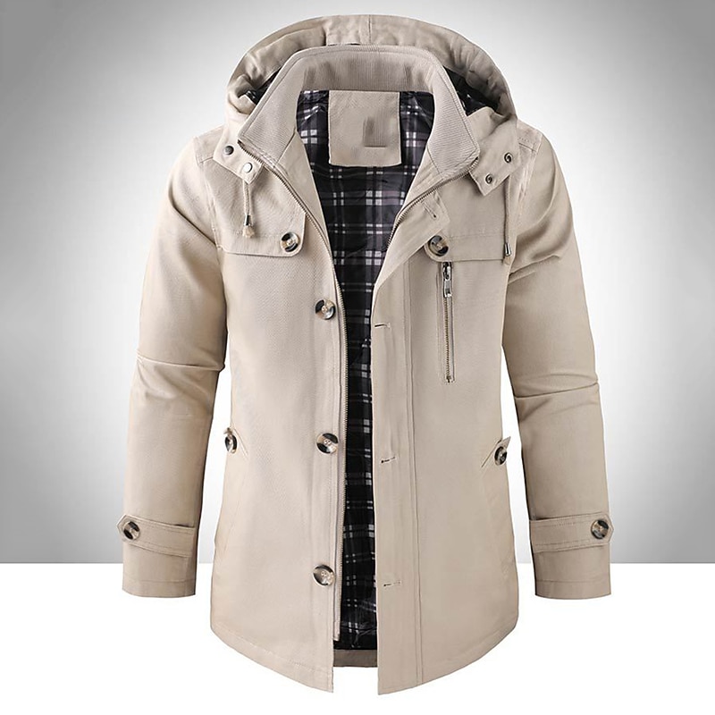 Men's Outdoor Daily Wear Warm Button Pocket Fall Winter Plain Fashion Streetwear Hooded Regular Black Brown Beige Jacket4