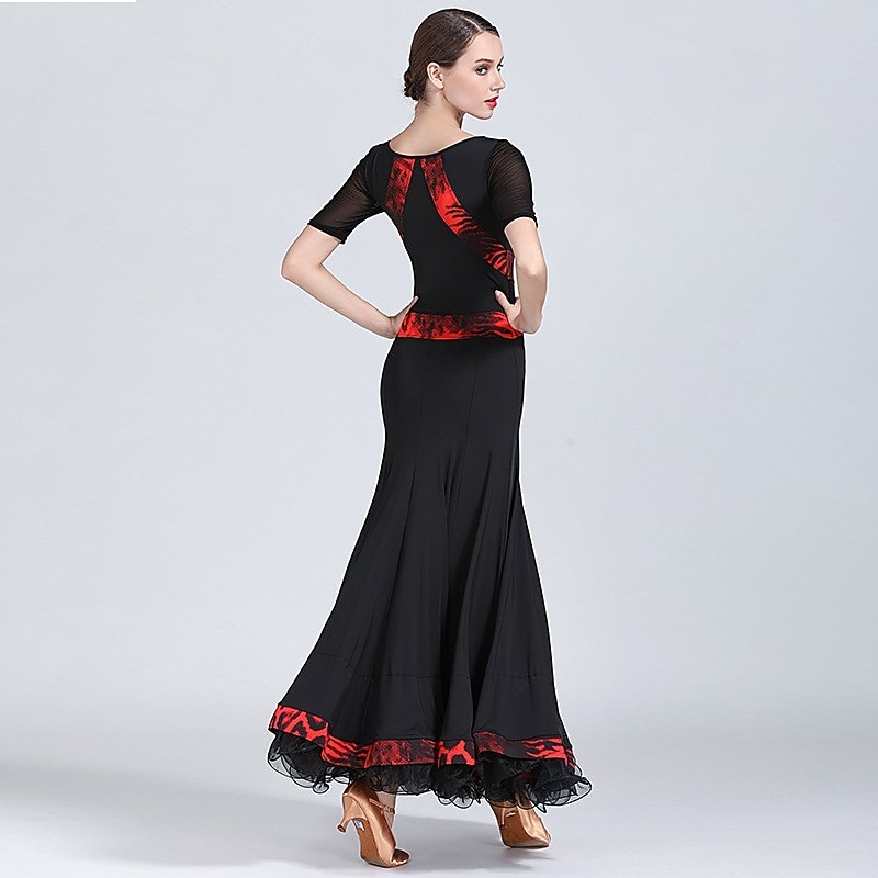 Ballroom Dance Dress Printing Women's Performance Training Short Sleeve Natural Tulle Ice Silk2