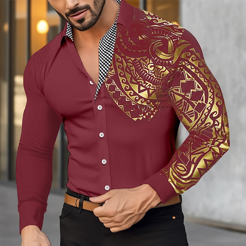 Men's Shirt Casual Shirt Button Up Shirt Bronzing Office & Career Wedding Party Black White Wine Red Long Sleeve Lapel Spring &  Fall Clothing Apparel Patchwork4