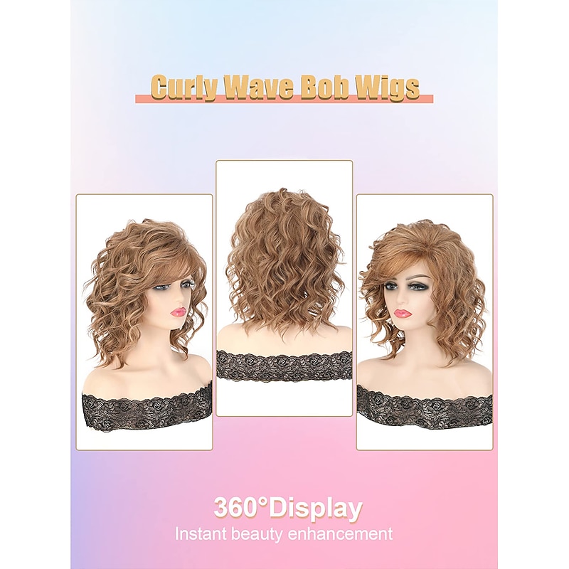 14 inch Short Curly Wavy Bob Wigs for Women Ombre Blonde Wavy Wigs with Side Bangs Synthetic Hair Wig2