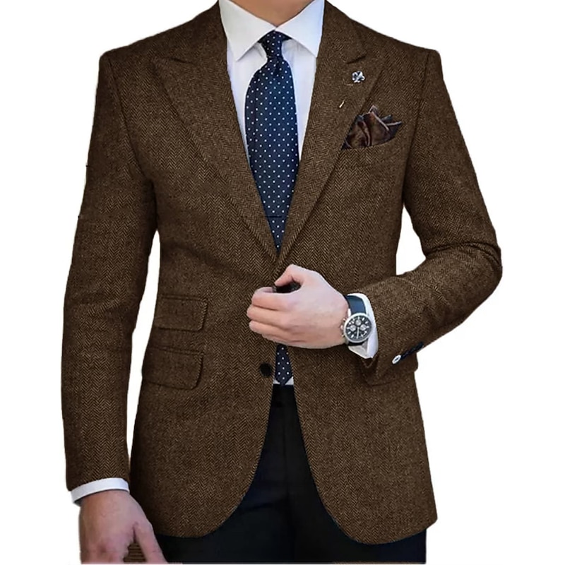 Men's Tweed Blazer Closure collar Retro Vintage Herringbone Blazer Brown khaki Dark Grey Plus Size Single Breasted Two-buttons2