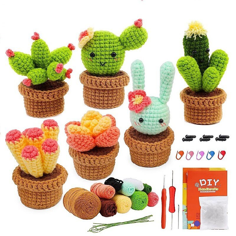 Crochet Kit for Beginners, Beginner Crochet Starter Kit with Step-by-Step Video Tutorials, Beginner Crochet Kit for Adults Kids, Knitting Kit for BeginnersThe Same Type Of Succulent Potted Cactus Crochet Wool Material Bag Is Hand Woven