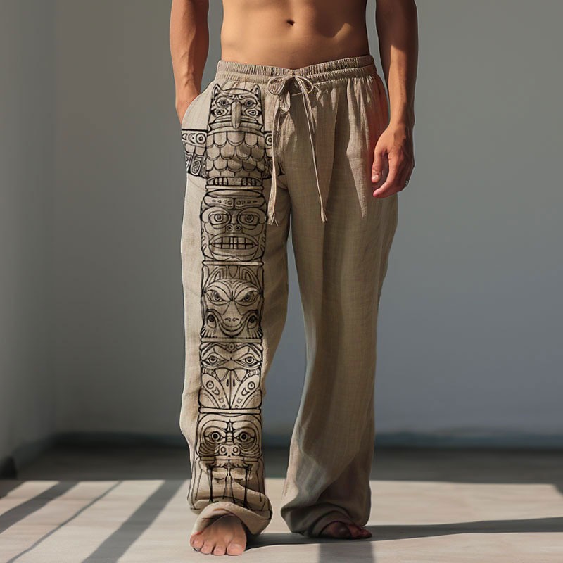 Men's Tribal Bandana Print Linen Pants Pants Trousers Baggy Pants Mid Waist Vintage Outdoor Daily Wear Streetwear Fall & Winter Green Khaki Gray