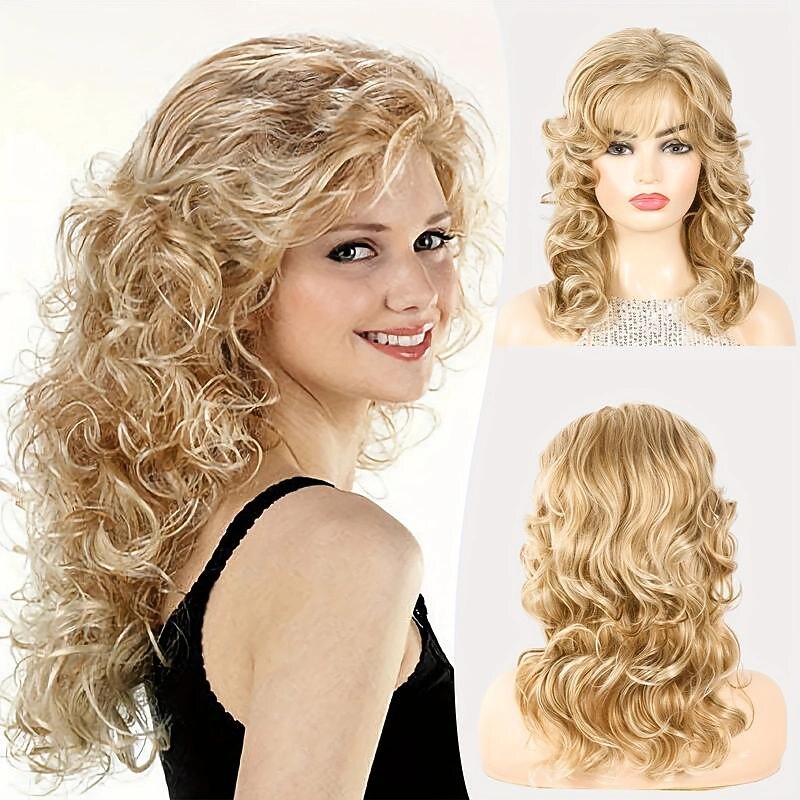 Blonde 20 Inch Long Curly Wavy Hair Wigs Fluffy Soft Hair Wigs With Bangs For Women Synthetic Fiber Hair Wigs