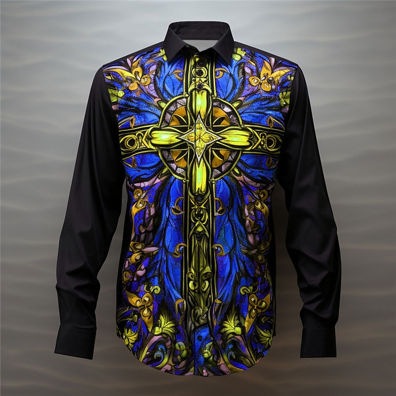 Men's Color Block Colorful Cross Shirt Button Up Shirt Long Sleeve Artistic Abstract Daily Wear Going out Fall & Winter Turndown Print Button-Down Royal Blue Blue Orange Green4