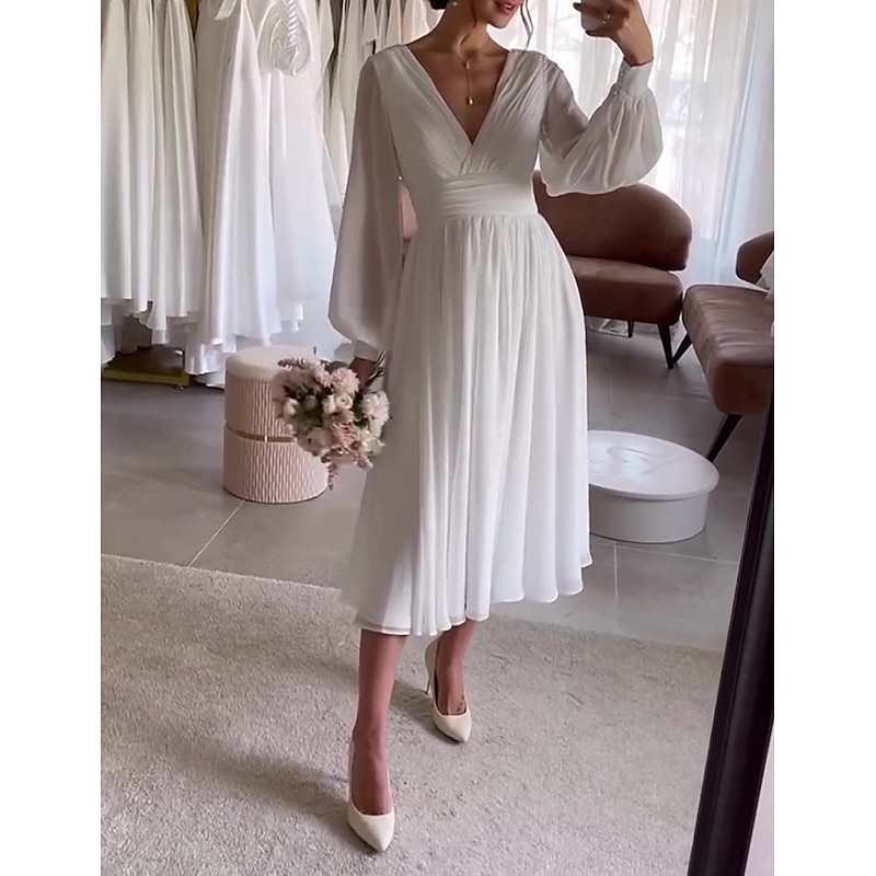 Simple Wedding Dresses  Little White Dress Bridal Shower Dresses Wedding Dresses A-Line V Neck Long Sleeve Tea Length Chiffon Bridal Gowns With Pleats Solid Color3