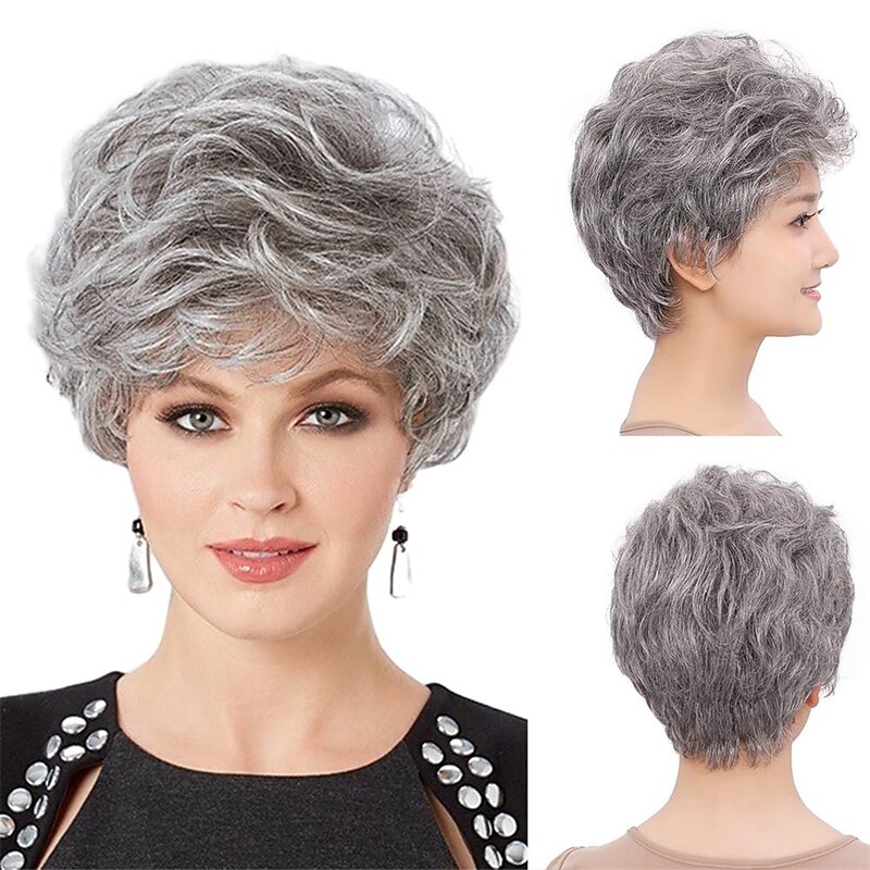 Ladies Gray Short Curly Synthetic Full Hair Wigs Natural Wavy Fluffy Mom Costume Old Grandma Cosplay Wigs for Women (Curly Silver Gray)