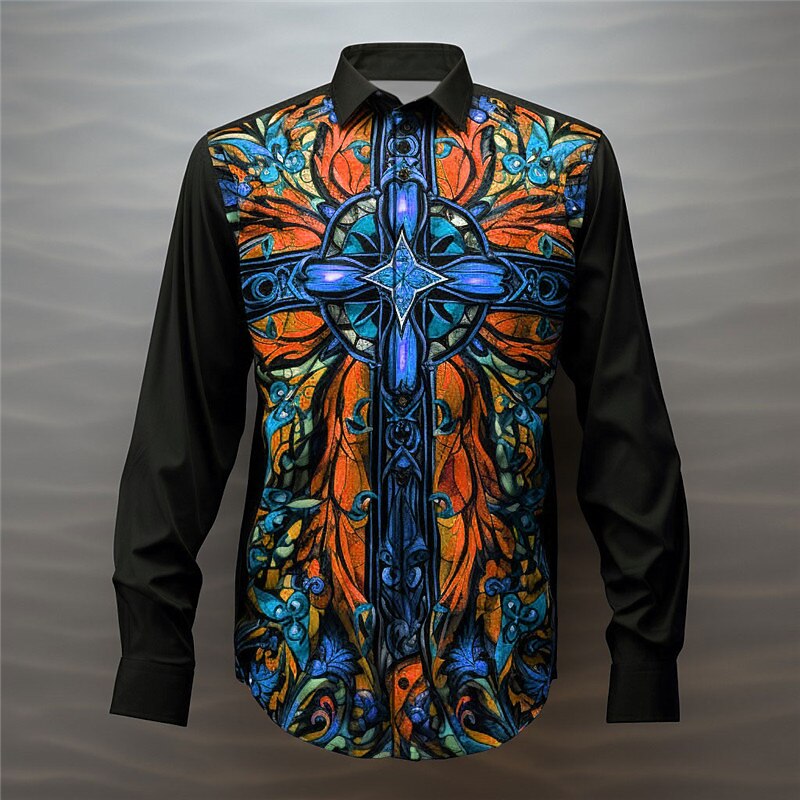Men's Color Block Colorful Cross Shirt Button Up Shirt Long Sleeve Artistic Abstract Daily Wear Going out Fall & Winter Turndown Print Button-Down Royal Blue Blue Orange Green3