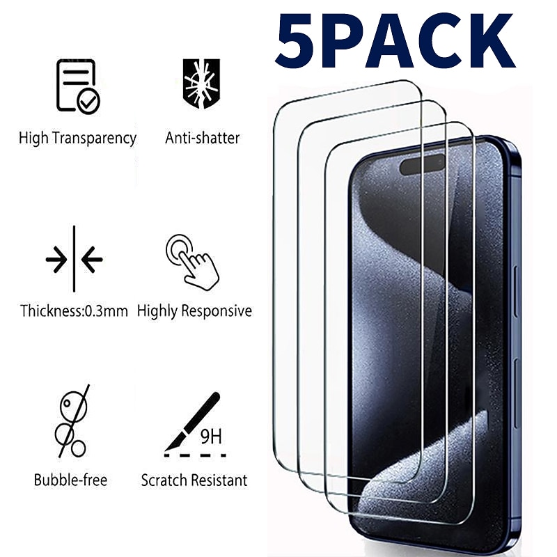 5 pcs Screen Protector For Apple iPhone 16 iPhone 15 14 Pro Max Tempered Glass 9H Hardness Anti-Fingerprint High Definition Explosion Proof 3D Touch Compatible
