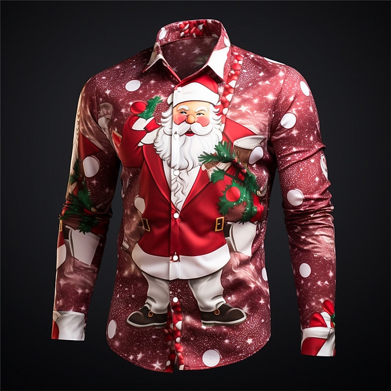 Christmas Men's Santa Claus Printed Shirts Santa Claus Casual Daily Wear Going out Fall & Winter Turndown Long Sleeve Burgundy, Blue, Purple S, M, L 4-Way Stretch Fabric Christmas4