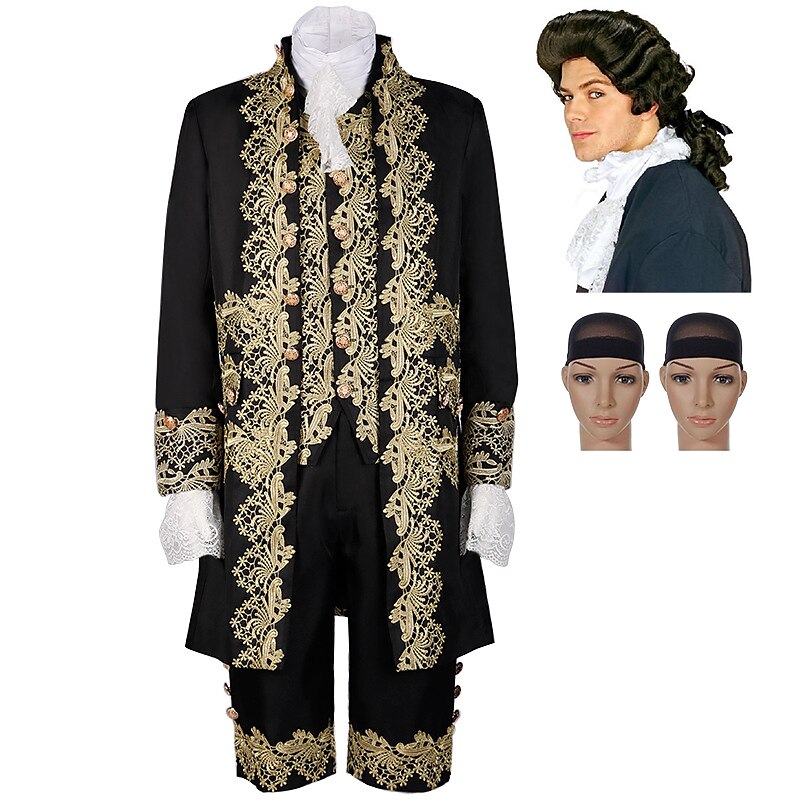 Set with Trench Coat Pants Vest Collar Sleeves Colonial Wig 2*Wig Caps Rococo Baroque Victorian Outfits Men's Cosplay Costume Halloween Performance Prom Party Masquerade