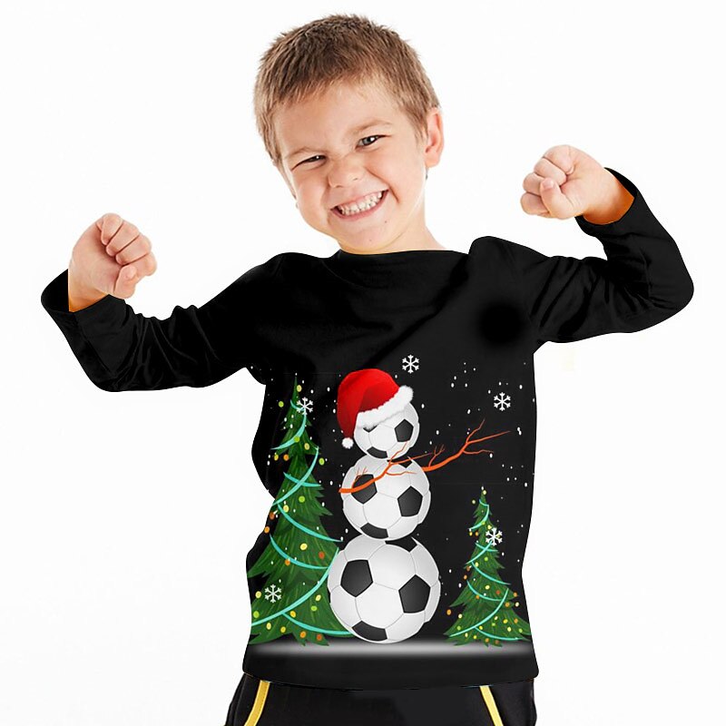 Boys 3D Santa Claus Football Tee Shirt Long Sleeve 3D Print Fall Winter Sports Fashion Streetwear Polyester Kids 3-12 Years Crew Neck Outdoor Casual Daily Regular Fit4